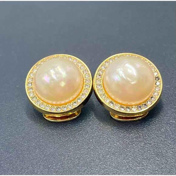 CHRISTIAN DIOR Vintage Designer Signed Gold Plated Faux Pearl Clip On Earrings - Picture 4 of 14